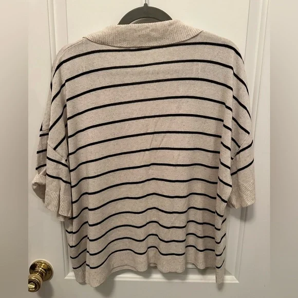 Max Studio Cream and Black Striped V-Neck Shirt - Picture 4 of 4